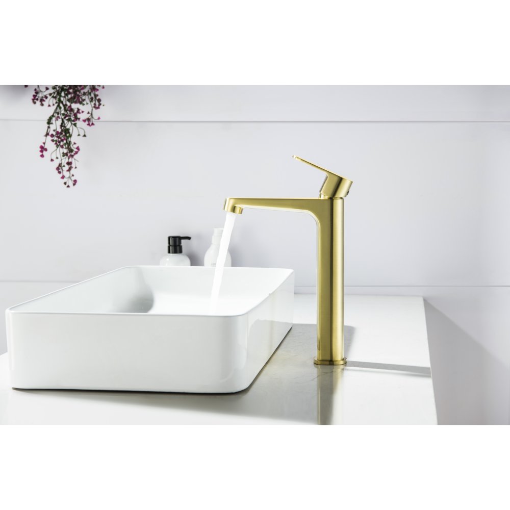 Смеситель для раковины высокий Aquanet Oberon 240 мм шлифованное золото AQ1204BG