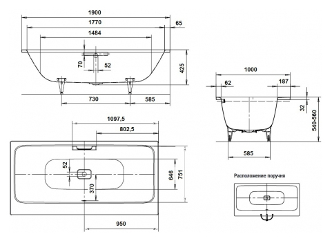 Ванна стальная Kaldewei Asymmetric Duo мод. 744 190x100 см Easy-Clean белая 274400013001