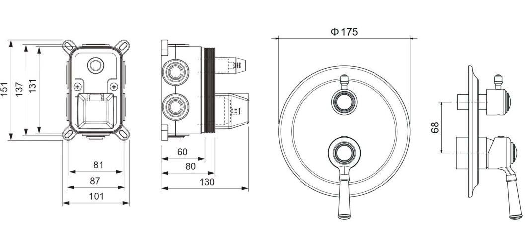 Смеситель для ванны Aquanet Классик встраиваемый 3 режима (внешняя и скрытая часть) матовый черный AQ1547MB