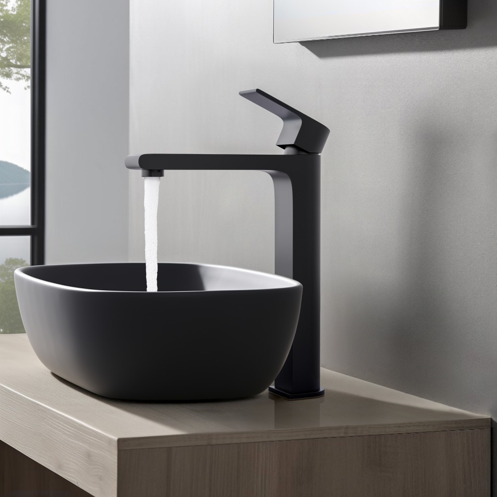 Смеситель для раковины Aquanet Лира высокий 237 мм без донного клапана матовый черный AQ1404MB