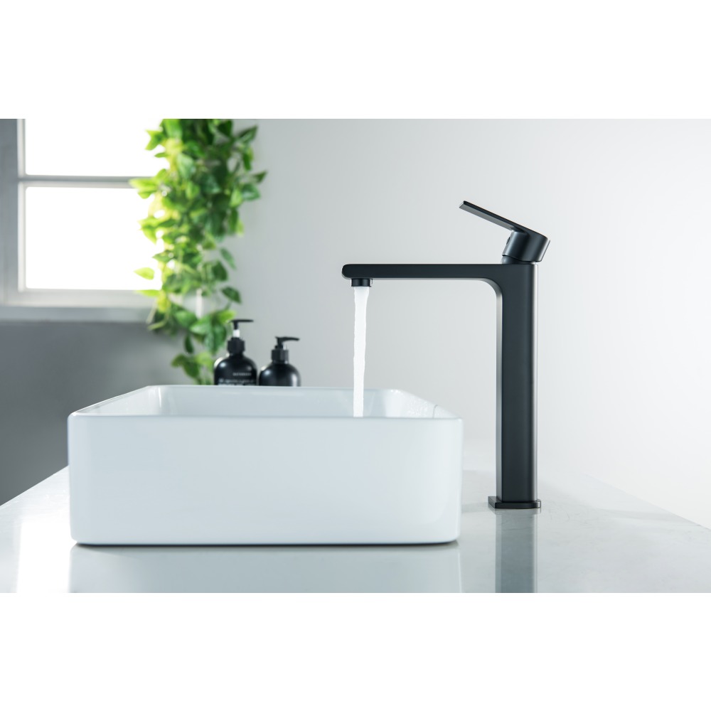 Смеситель для раковины Aquanet Лира высокий 237 мм без донного клапана матовый черный AQ1404MB