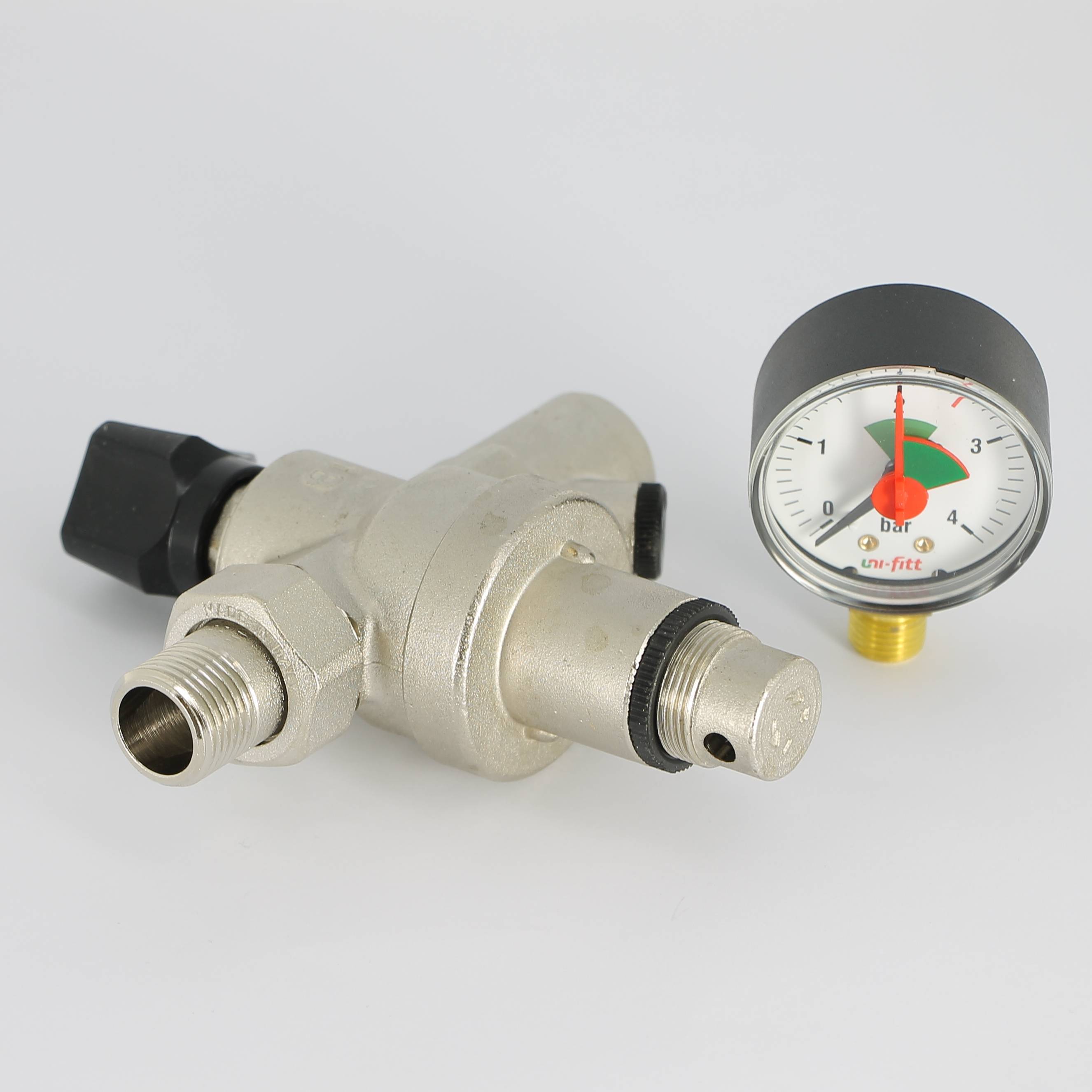 Клапан подпиточный UNI-FITT 1/2 НВ с редукционным соединением и манометром никелированный 290B2000