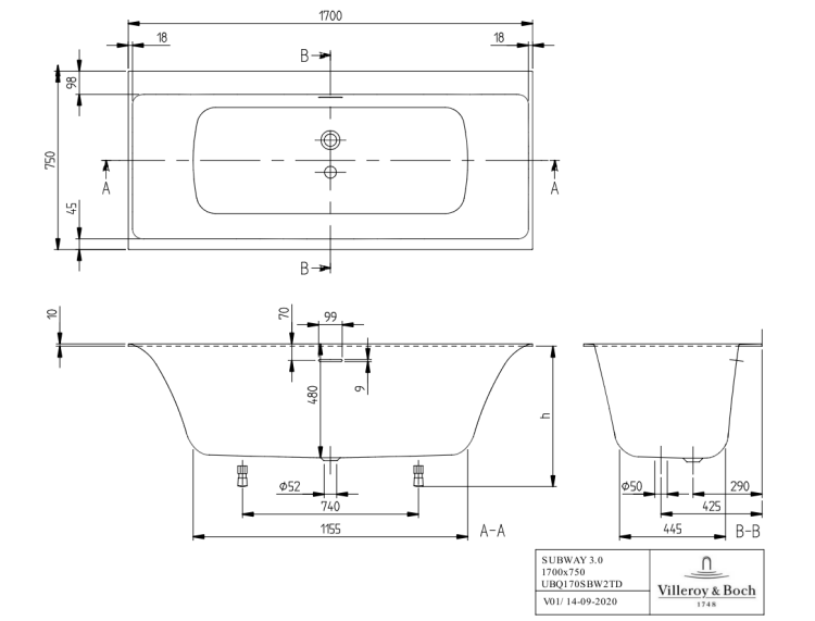 Ванна Villeroy & Boch Subway 3.0 1700x750 мм альпийский белый UBQ170SBW2TDV01