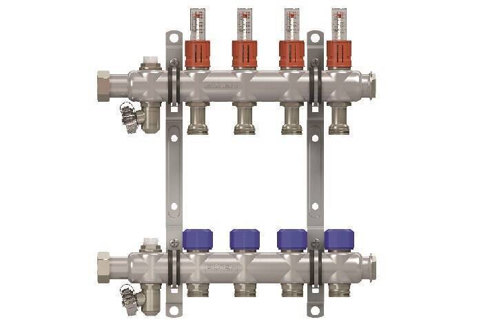 Коллекторная группа HOGEMI 1 x 3/4 EK 11 контуров нержавеющая сталь с вентилями и расходомерами HOGEMi0311