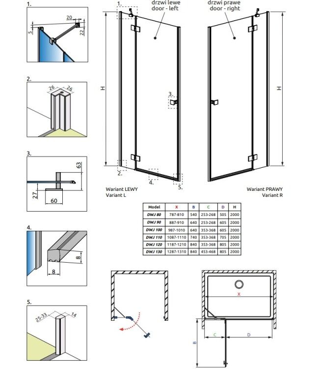 Душевая дверь Radaway Essenza DWJ 1100x2000 мм правая, никель брашированный, стекло прозрачное 138501-59-101R