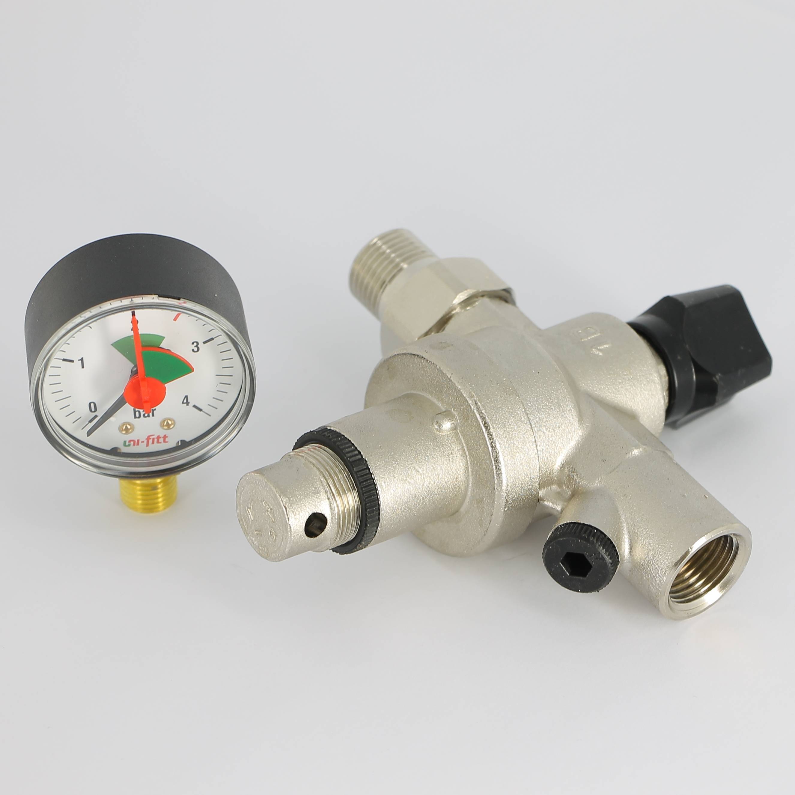 Клапан подпиточный UNI-FITT 1/2 НВ с редукционным соединением и манометром никелированный 290B2000