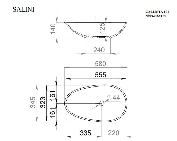 Раковина накладная Salini Paola 580x345x140 мм без отверстий для смесителя цвет RAL 1002 матовый 1101201SMFRAL1002matt
