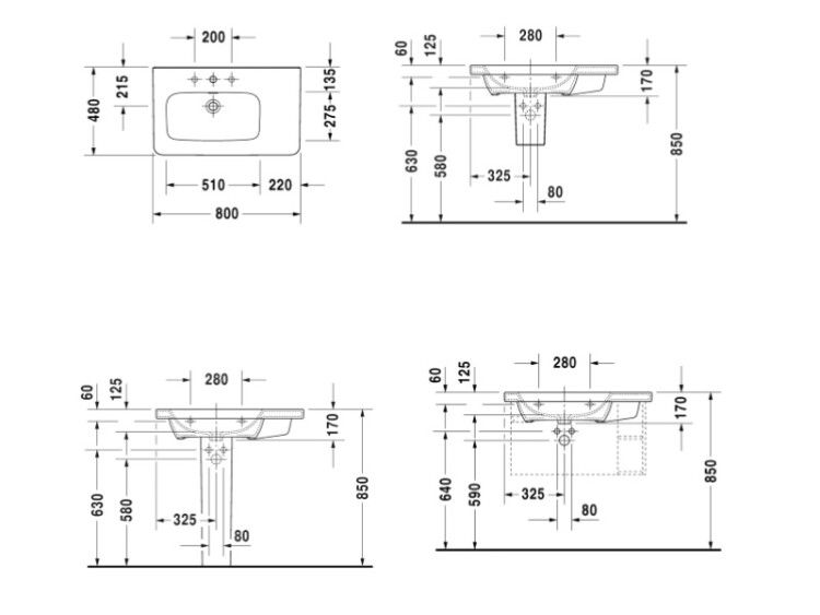 Раковина Duravit DuraStyle 800x480 мм асимметричная с 1 отверстием для смесителя 2325800000