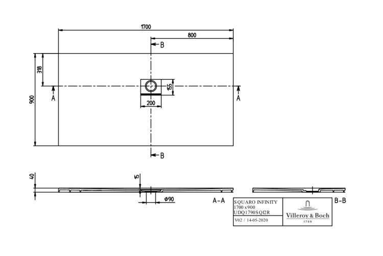 Душевой поддон Villeroy & Boch Squaro Infinity 1700x900x40 мм цвет Stone White UDQ1790SQI2RVRW