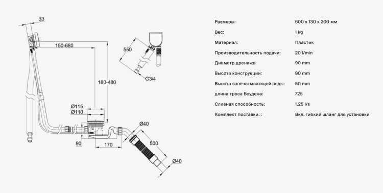 Слив-перелив Bette Plus 5 Silhouette с функцией наполнения, длина троса 1070 мм, хром B628901