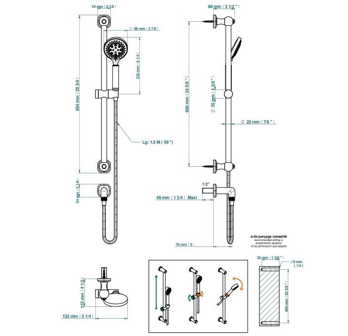 Душевой гарнитур THG Camélia Clear crystal штанга 600 мм цвет золотистый PVD U5LH5258