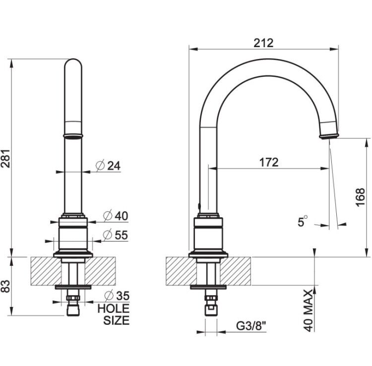 Излив Gessi VENTI20 на раковину 172 мм Brass PVD 65025710