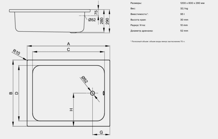 Душевой поддон Bette BetteDelta 1200x800x280 мм BetteGlasur® Plus цвет Snow 5860440PLUS