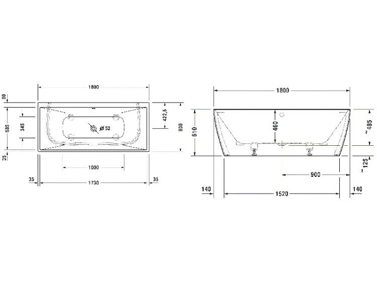 Ванна Duravit DuraSquare 1800x800x610 мм пристенная цвет белый 700429000000000