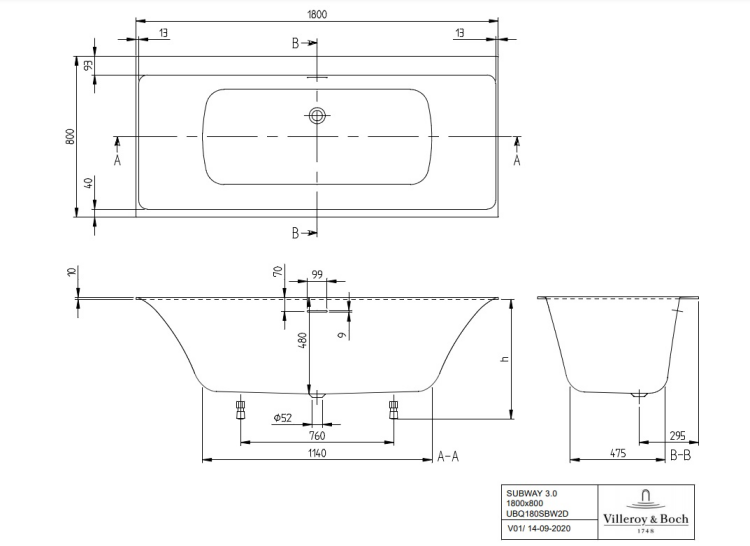 Ванна Villeroy & Boch Subway 3.0 1800x800 мм с наполнением SilentFlow Stone White UBQ180SBW2TDVRW