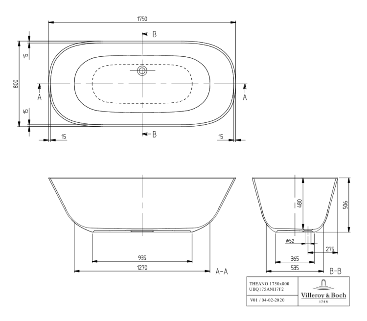 Ванна Villeroy & Boch Theano 1750x800 мм отдельностоящая Stone White UBQ175ANH7F200VRW