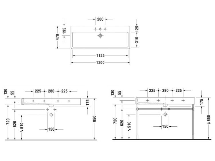 Раковина Duravit Vero 1200x470 мм 1 отверстие для смесителя 0454120000