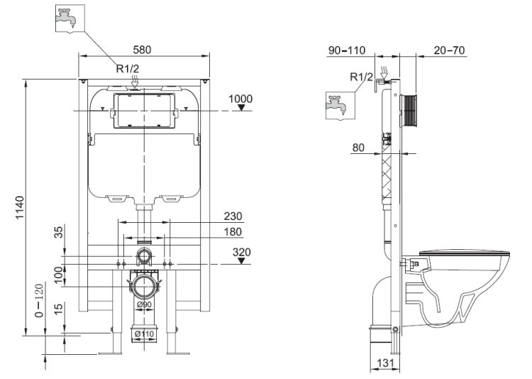 Инсталляция для унитаза Kludi UNIFIX 580x180-230x1140 мм 79102