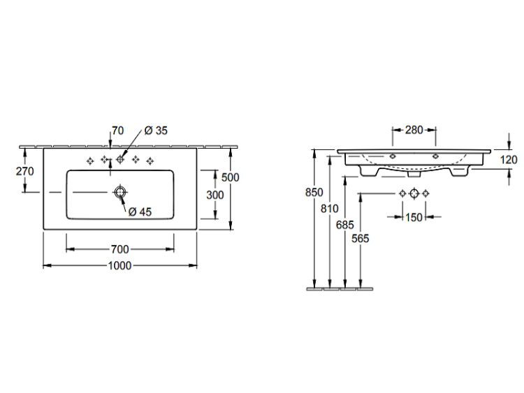 Раковина Villeroy & Boch Venticello 1000x500 мм, 1 отверстие под смеситель, CeramicPlus, цвет Stone White 4104ALRW
