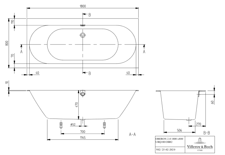 Ванна Villeroy & Boch Oberon 2.0 1800x800 мм Stone White UBQ180OBR2DVRW