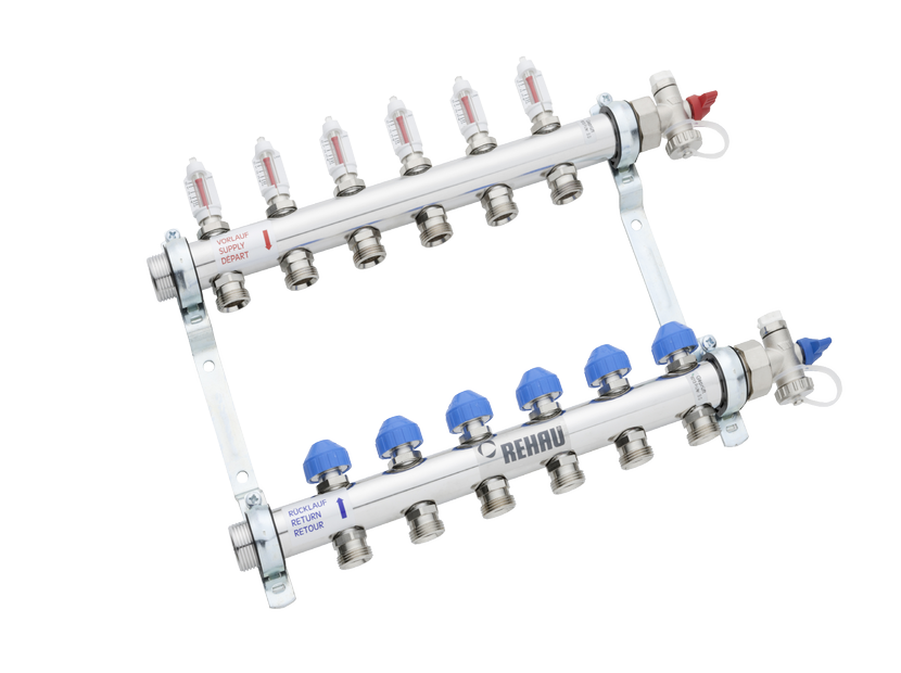 Коллектор распределительный REHAU HKV-D 1x3/4 EK на 4 выхода с расходомерами нержавеющая сталь 1245214