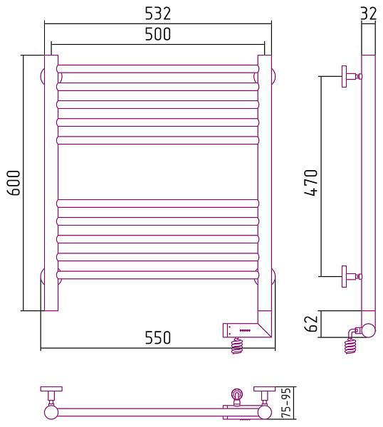 Полотенцесушитель электрический Сунержа Богема 2.0 500x600 мм правый без покрытия 00-5205-6050