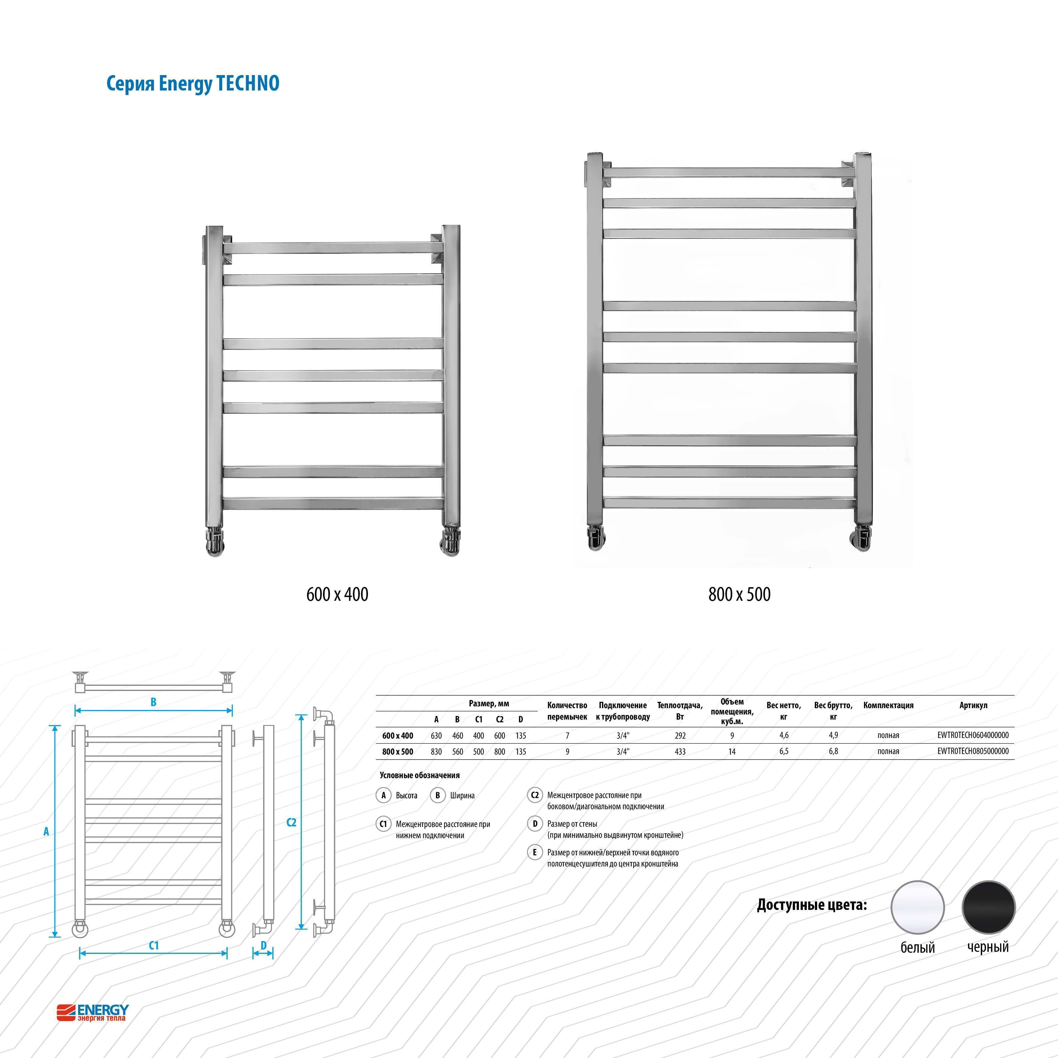 Полотенцесушитель водяной Energy Techno 600х400 мм белый матовый RAL 9016 EWTR0TECH06040R903M