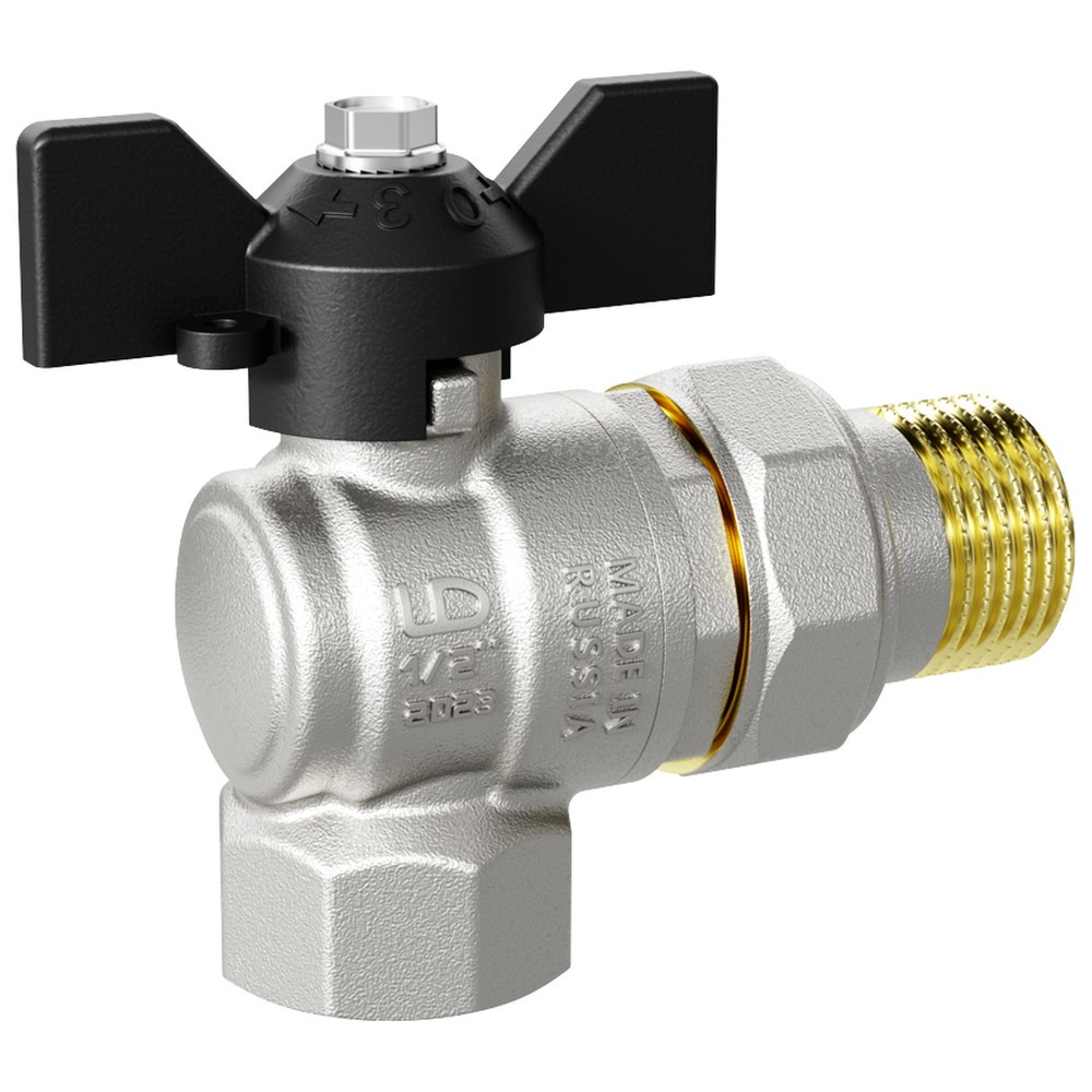 Кран шаровой угловой LD Pride 1/2 ВР-НР с накидной гайкой бабочка 47.206.15