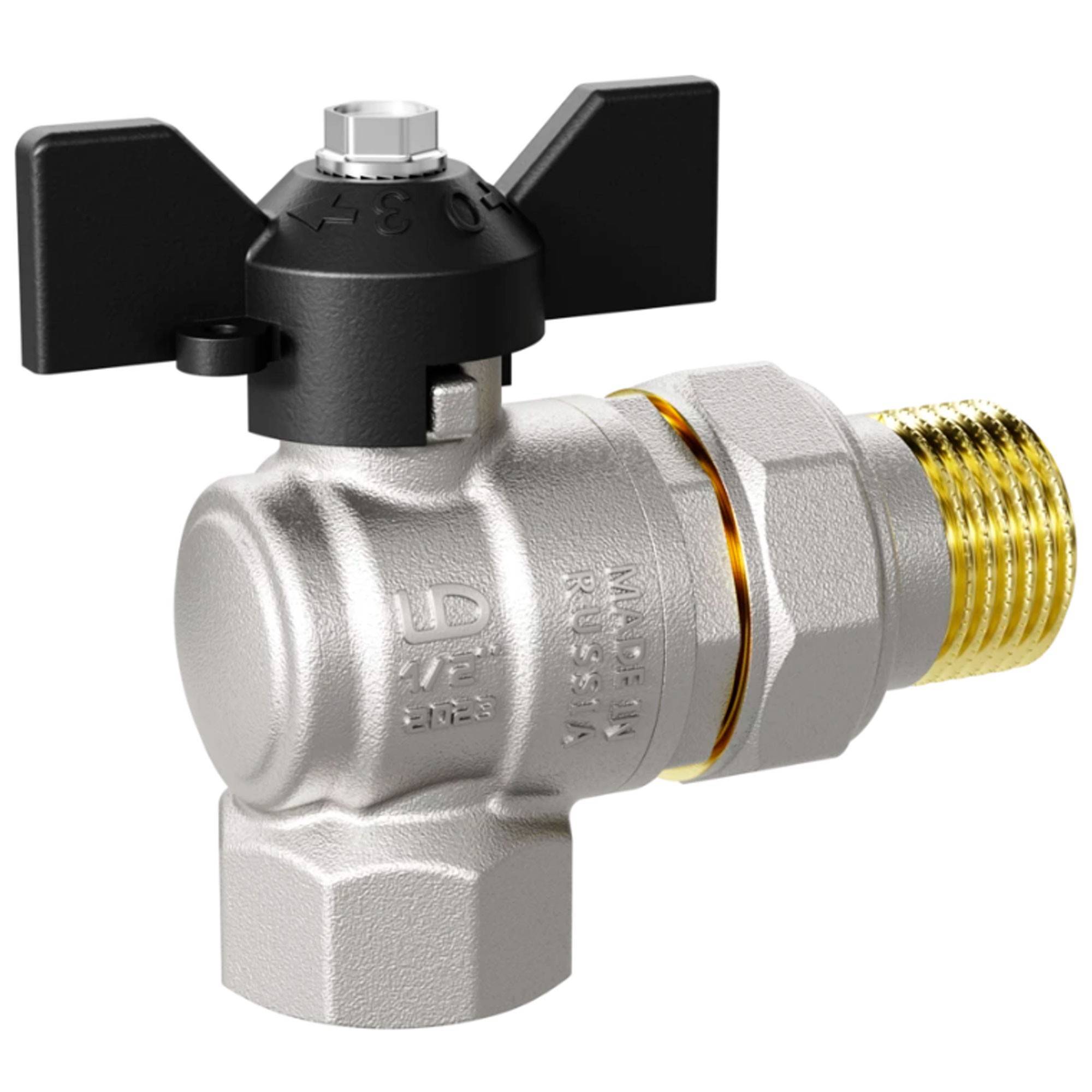 Кран шаровой латунный LD Pride 47.15.В-ГШ.У.Б Ду 15 Ру 40 угловой вн-американка бабочка 47.15.В-ГШ.У.Б