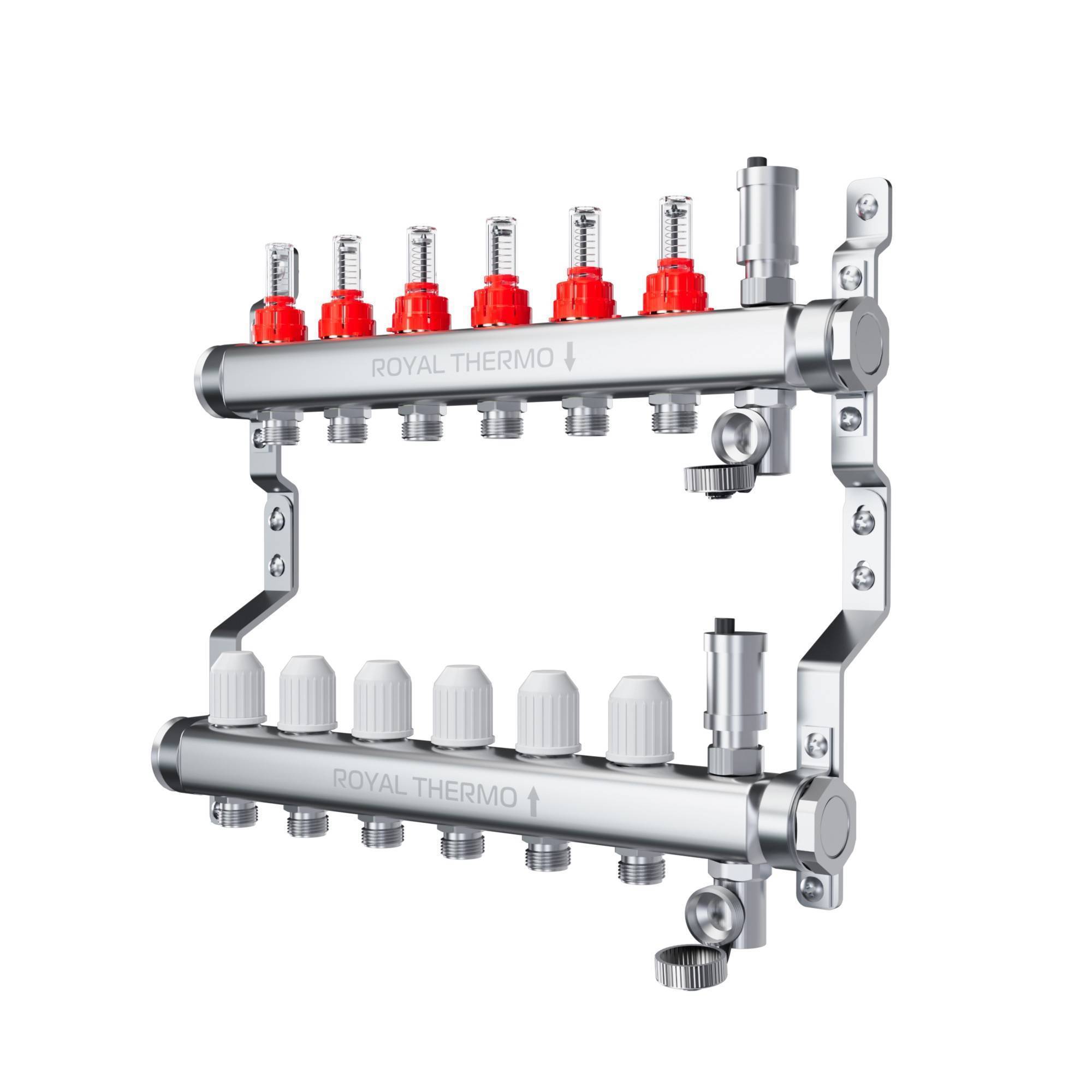 Коллекторная группа Royal Thermo из нержавеющей стали с расходомерами 12 выходов RTI 01.12