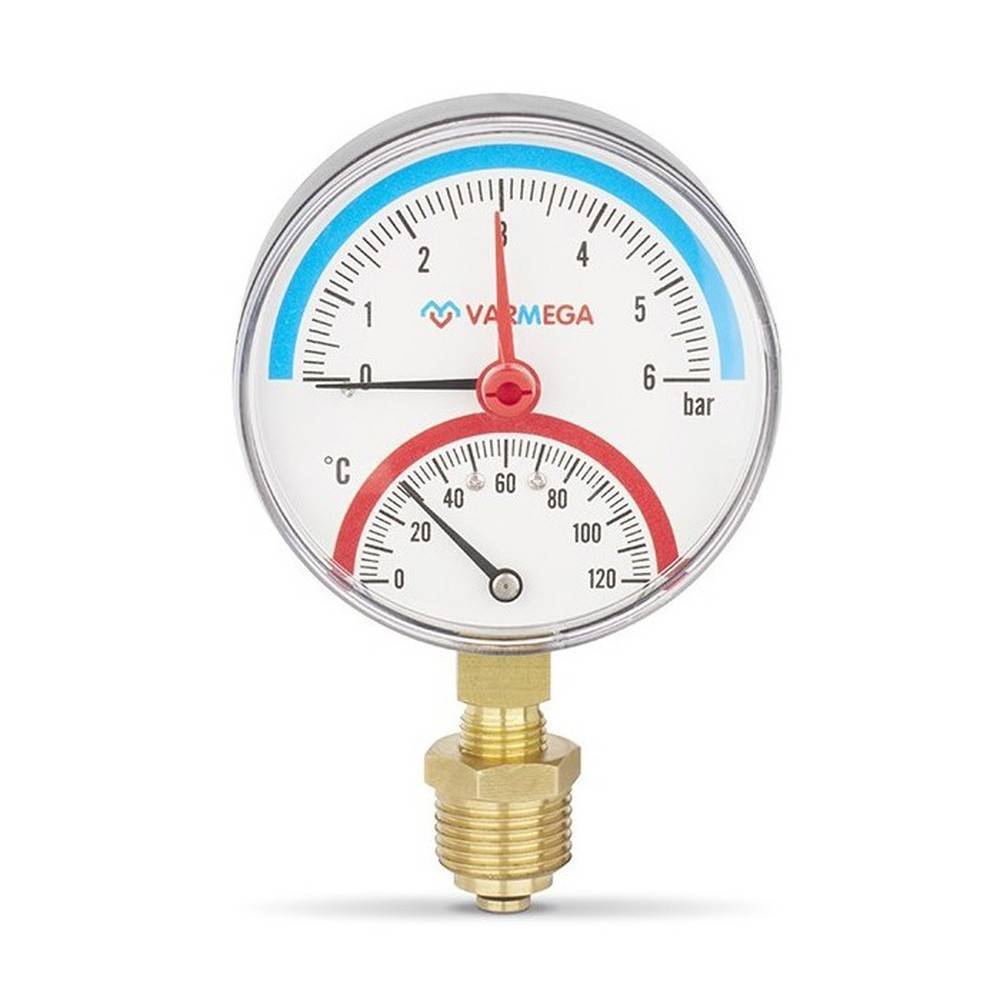 Термоманометр радиальный Varmega 80 мм 6 бар 1/2 с отсекающим клапаном VMMT07-800604