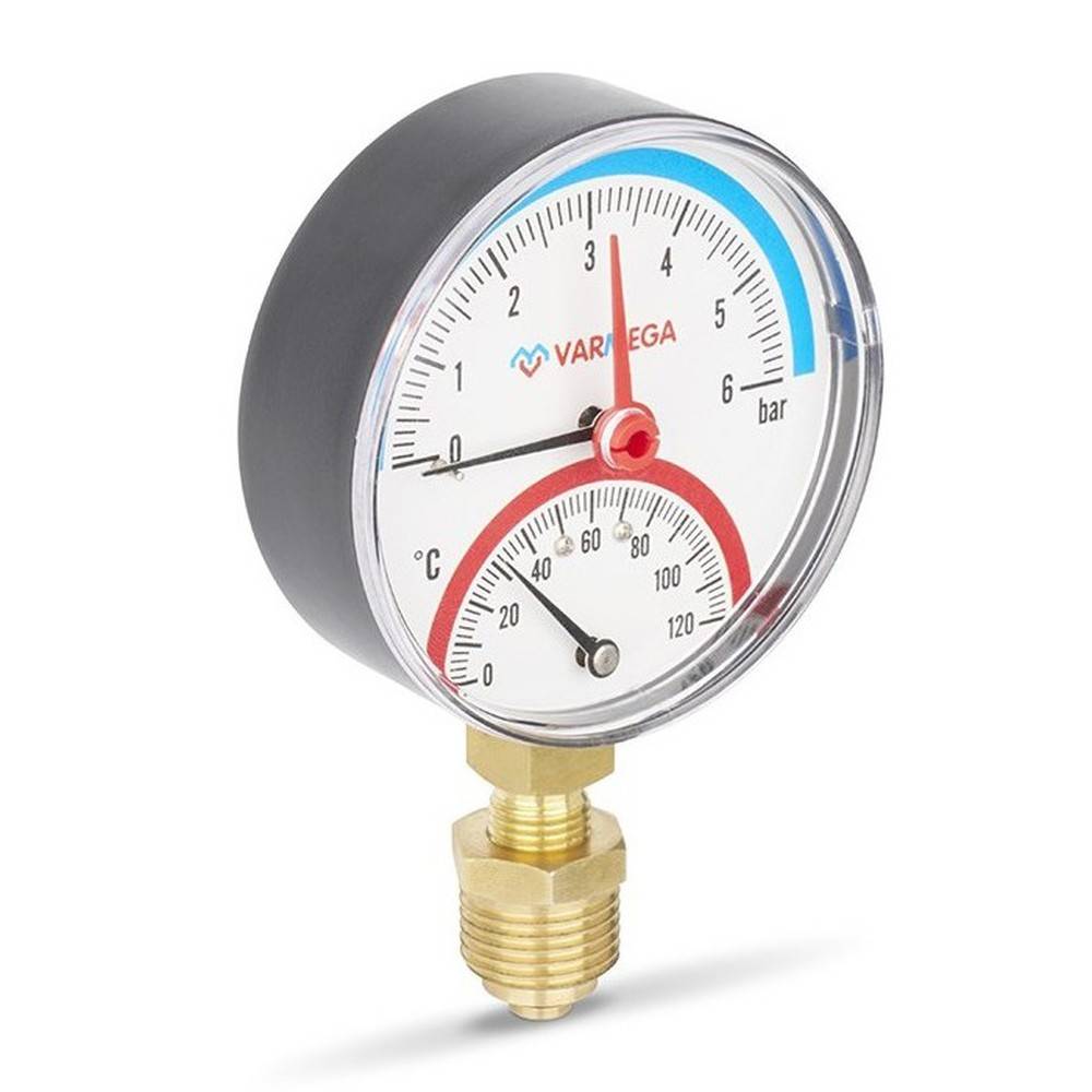 Термоманометр радиальный Varmega 80 мм 6 бар 1/2 с отсекающим клапаном VMMT07-800604
