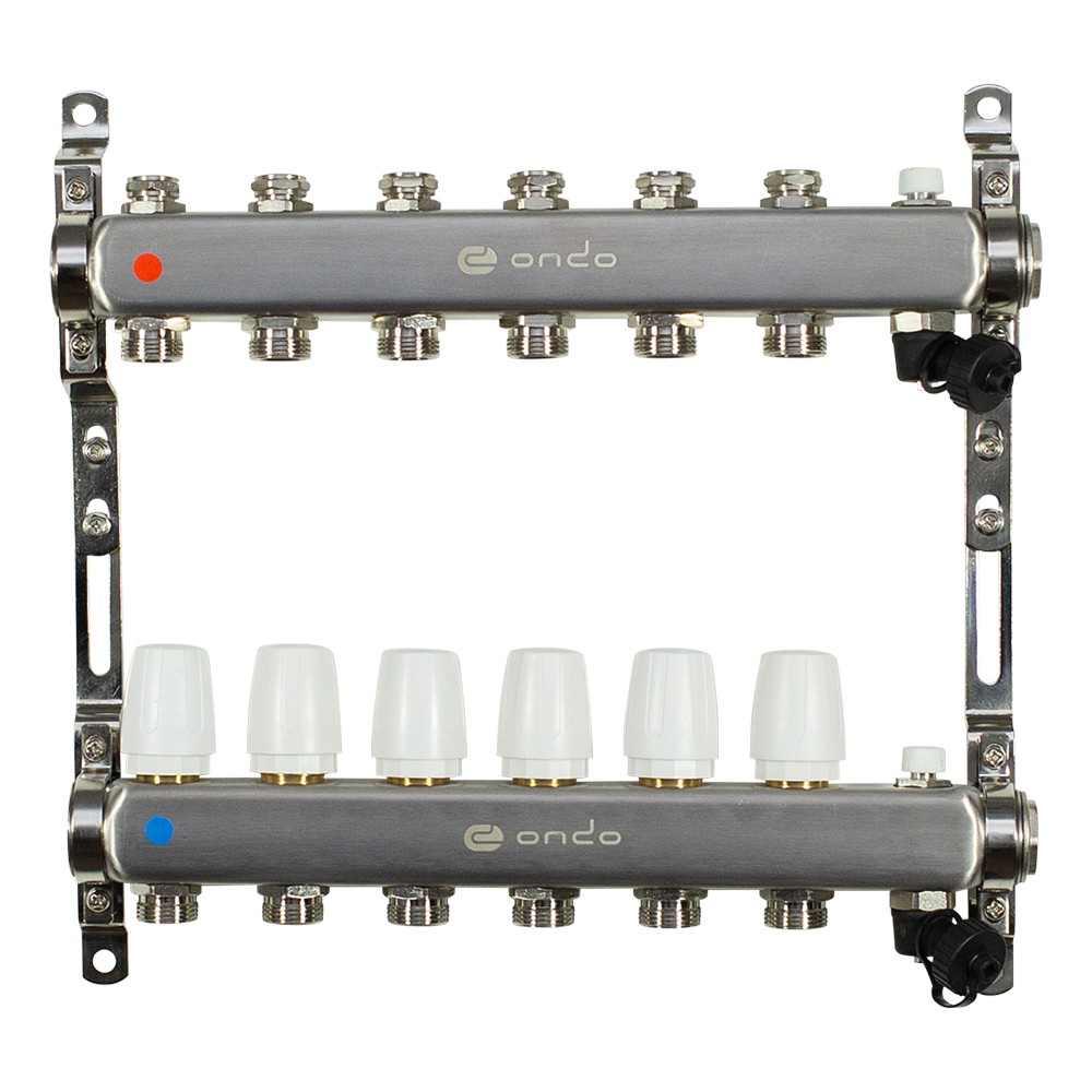 Группа коллекторная ONDO 6 выходов из нержавеющей стали с термостатическими и запорными клапанами ON.02.06