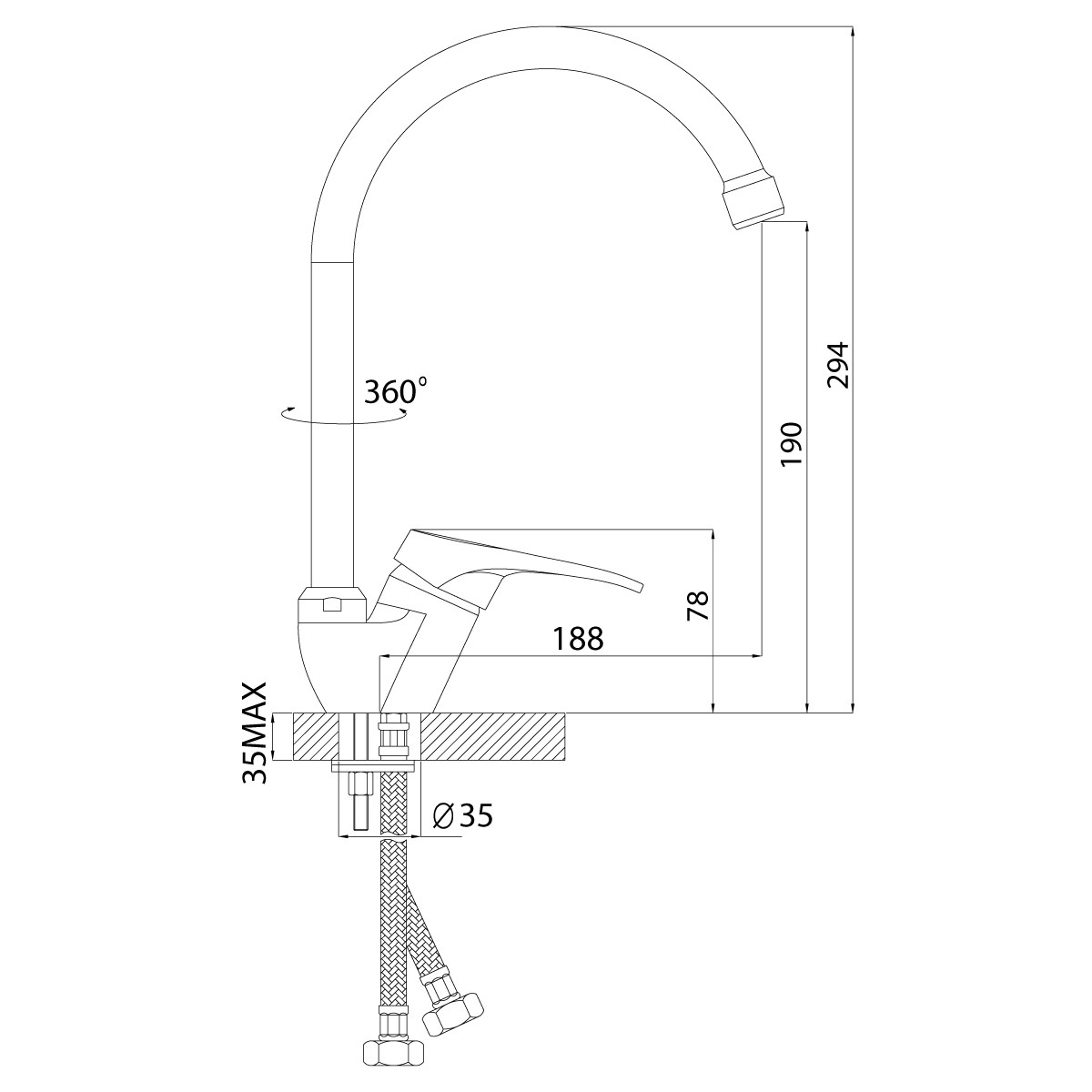 Смеситель для раковины Rossinka B35-23 с высоким поворотным изливом 180 мм B35-23