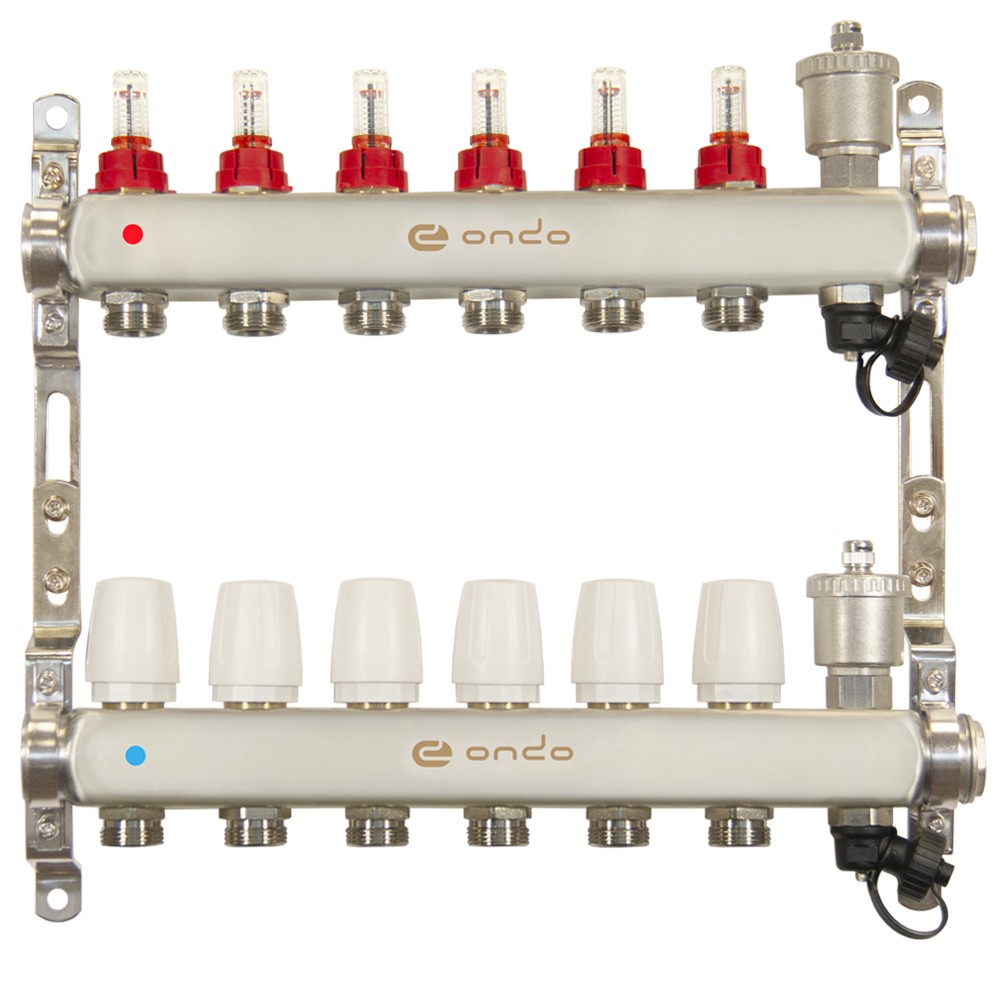 Группа коллекторная ONDO 6 выходов из нержавеющей стали с расходомерами и воздухоотводчиками ON.03.06