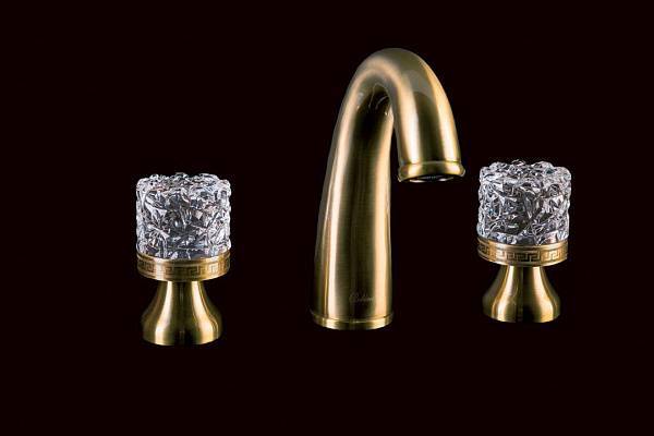 Смеситель для раковины Boheme Crystal на 3 отверстия двуручковый матовая бронза 317-CRST
