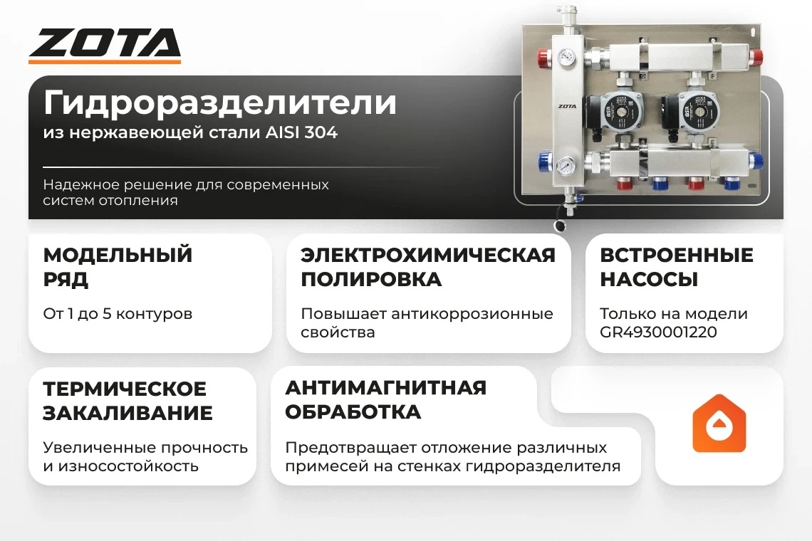 Гидроразделитель из нержавеющей стали с коллектором ZOTA горизонтальный односторонний 3 контура GR4930001213
