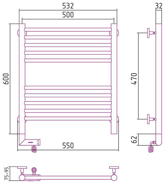 Полотенцесушитель электрический Сунержа Богема 2.0 500x600 мм левый без покрытия 00-5204-6050