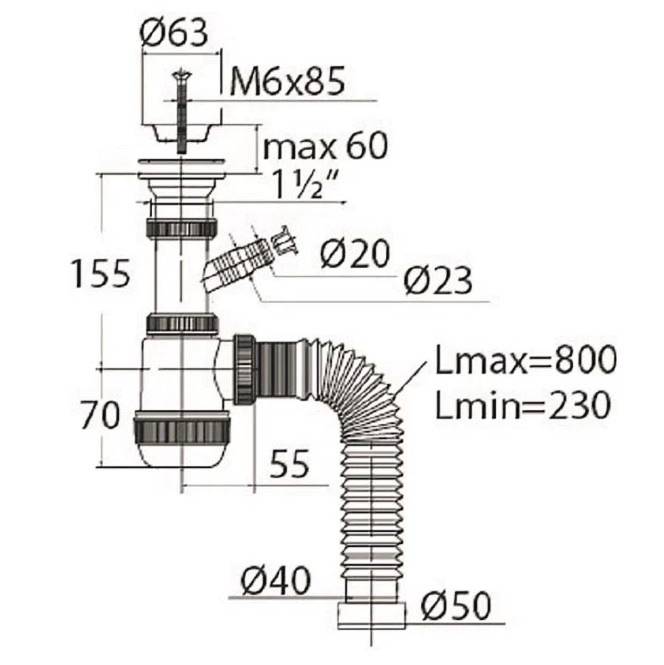 Сифон для раковины Wirquin Мини Элит 1 1/2 x 40 мм чашка 63 мм с отводом и гофротрубой 800 мм 30980679