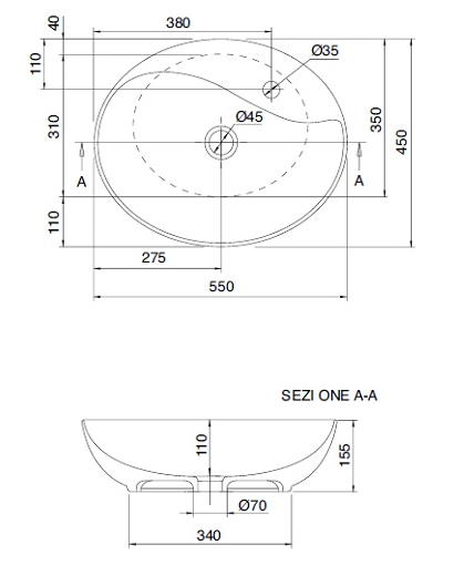 Раковина накладная Scarabeo Moai 550x450 мм 1 отверстие для смесителя белая 8610