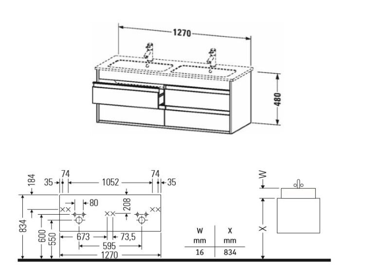 Тумба под раковину подвесная Duravit Ketho 1270x475x480 мм для двойной раковины 4 ящика орех натуральный KT643307979