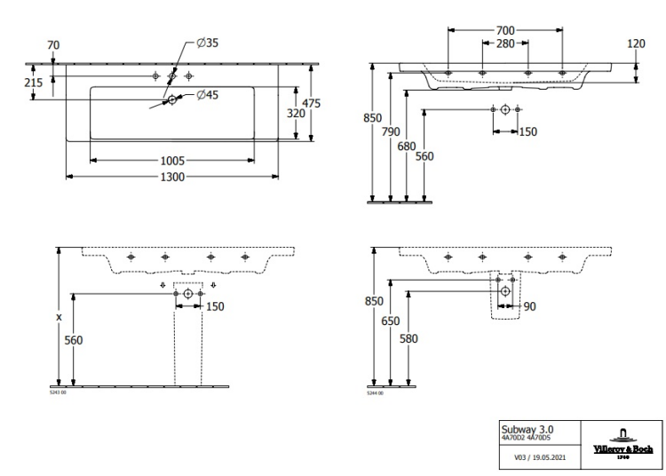 Раковина Villeroy & Boch Subway 3.0 1300x475 мм без отверстия для смесителя 4A70D301