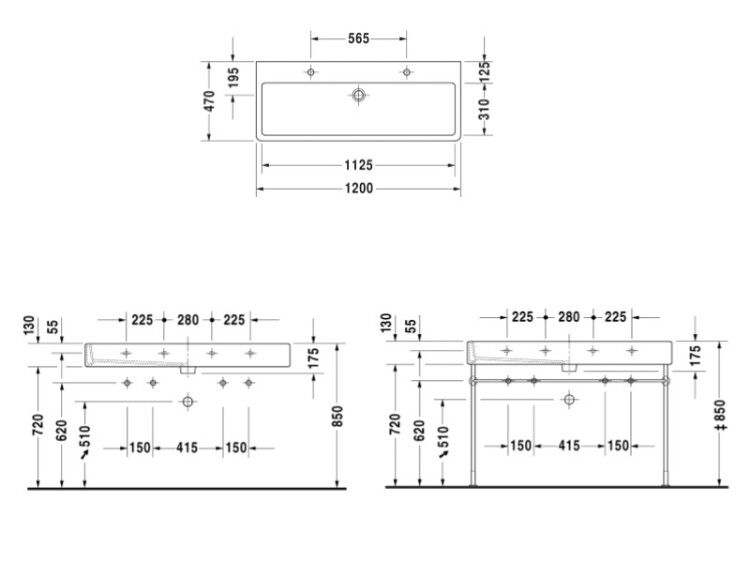 Раковина Duravit Vero 1200x470 мм 2 отверстия для смесителя 0454120024