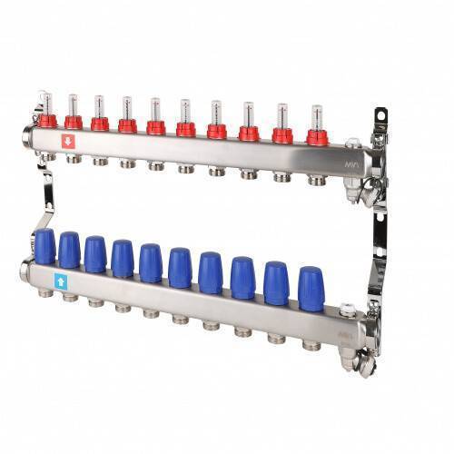 Коллекторная группа Hogert Premium 1 x 3/4 EK 10 выходов с расходомерами дренажным краном и воздухоотводчиком HOGMS71006