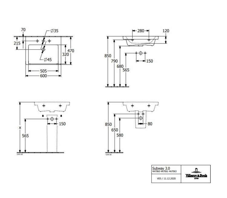 Раковина Villeroy & Boch Subway 3.0 600x470 мм без отверстия для смесителя 4A706F01