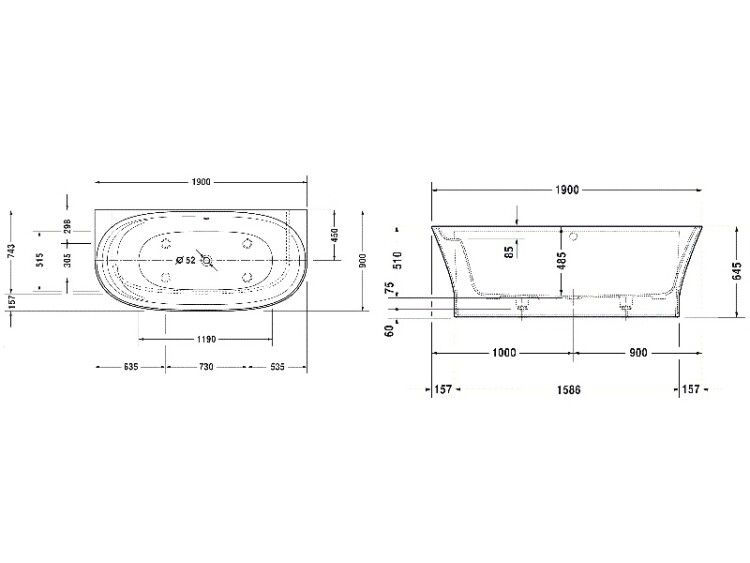 Ванна Duravit Cape Cod 1900x900x485 мм пристенная цвет белый 700364000000000