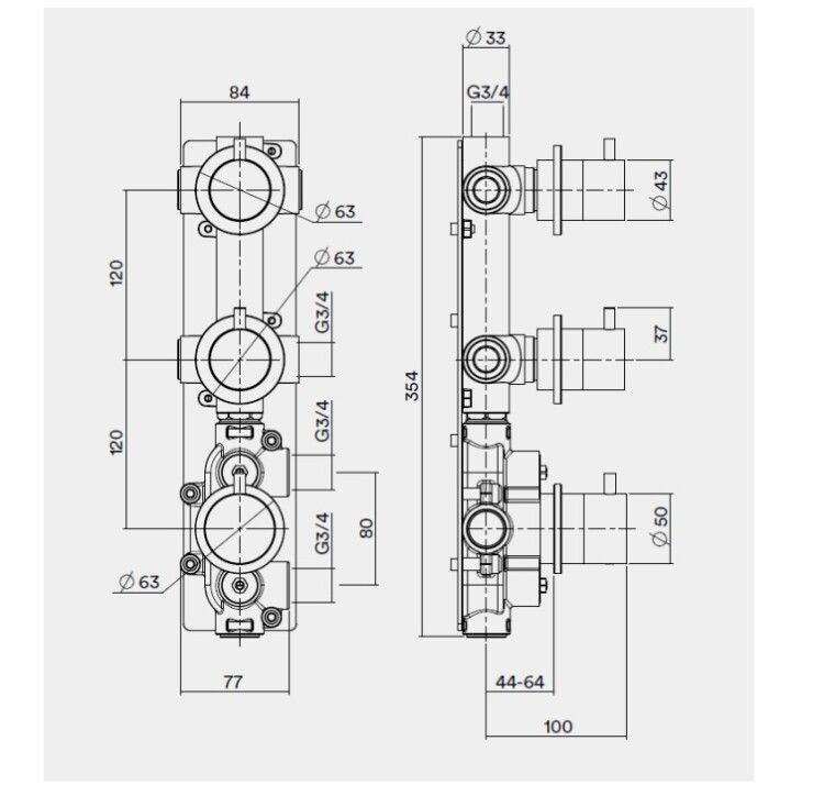 Внутренняя часть Quadro design FixKit для термостатического смесителя для душа с 2-мя вентилями 3/4 IN049AS