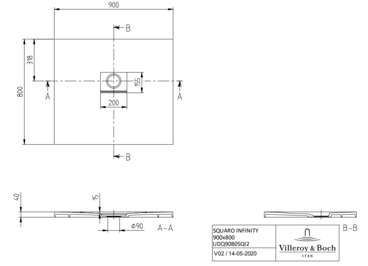 Душевой поддон Villeroy & Boch Squaro Infinity 900x800x40 мм цвет Stone White UDQ9080SQI2VRW