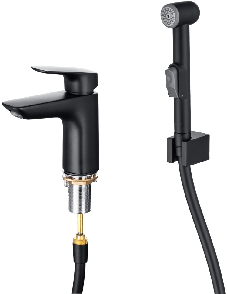 Смеситель для раковины Aquanet Вега с гигиеническим душем черный матовый AQ1012MB