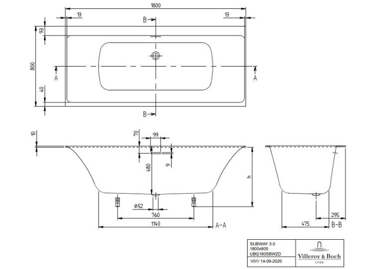 Ванна Villeroy & Boch Subway 3.0 1800x800 мм UBQ180SBW2DV01
